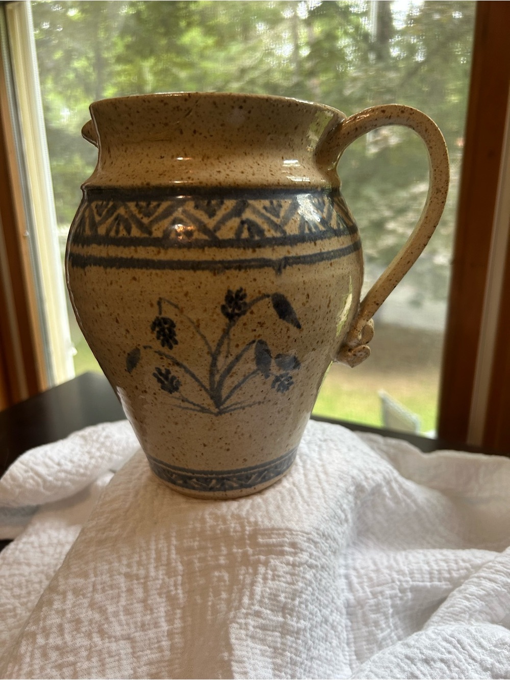 RB Vermont Hand-Painted Speckled Ceramic Pitcher/Vase in Blue and Cream